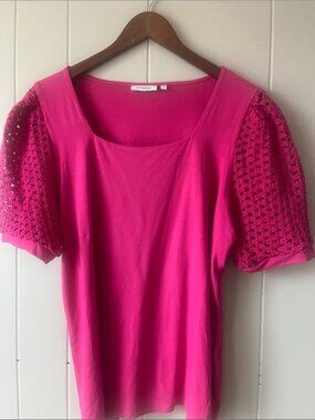 Bright Pink Puff Crochet Sleeve Square Neck Top